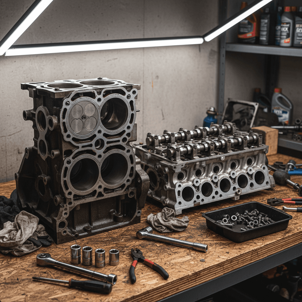LDV engine block and cylinder head components on workbench with tools