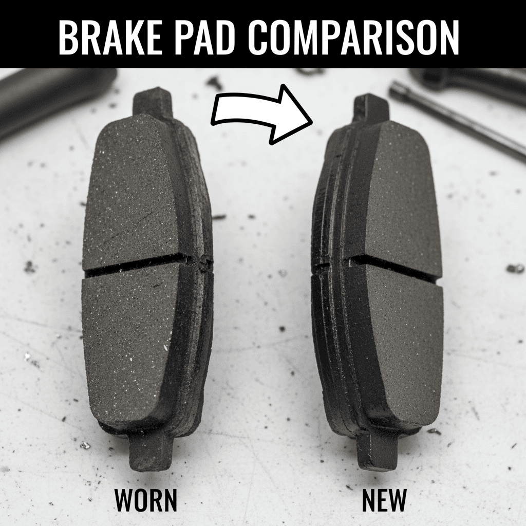 Comparison of a worn brake pad next to a brand new one