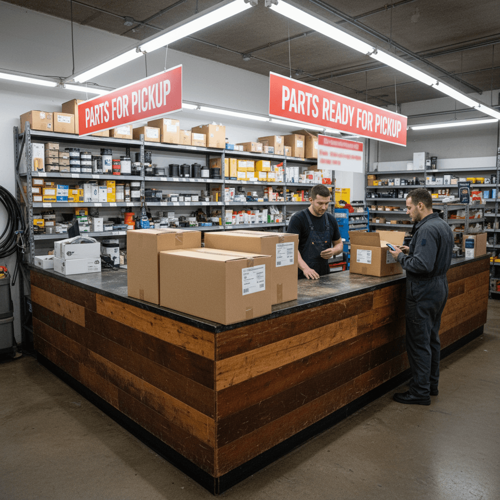Auto parts shop counter with boxes of parts ready for customer pickup