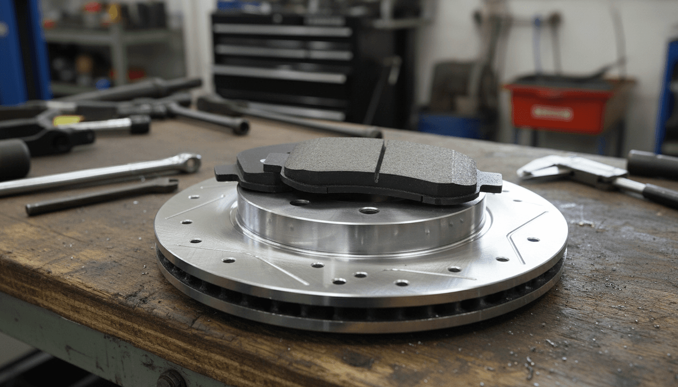 New genuine brake pad and rotor on a workbench in a Perth auto workshop