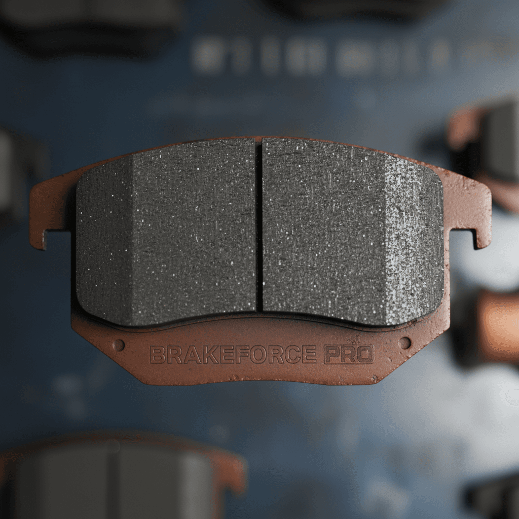 Close-up of a new brake pad showing friction material and metal backing plate