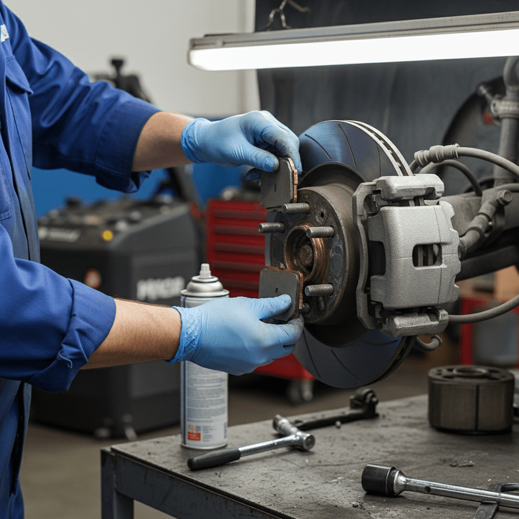Mechanic fitting a new brake pad onto a brake caliper in a workshop