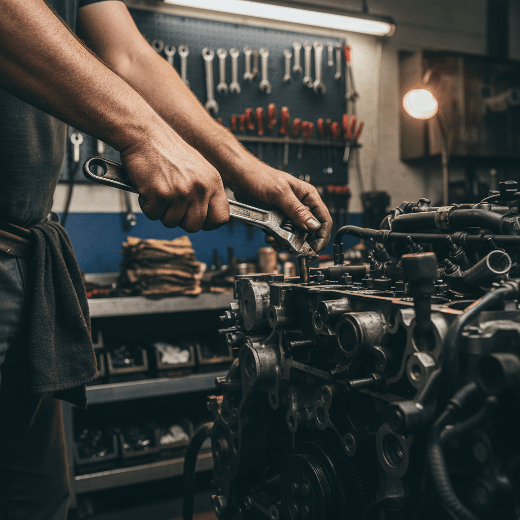 Mechanic working with LDV engine components